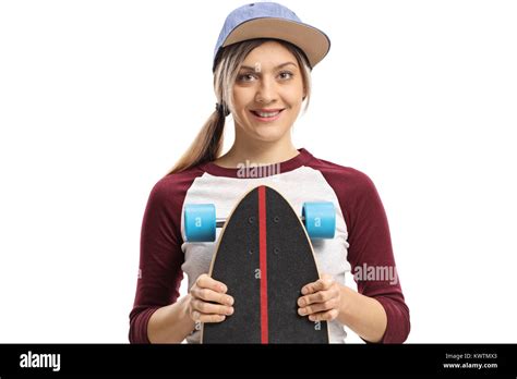 Skater Girl Holding A Longboard Isolated On White Background Stock