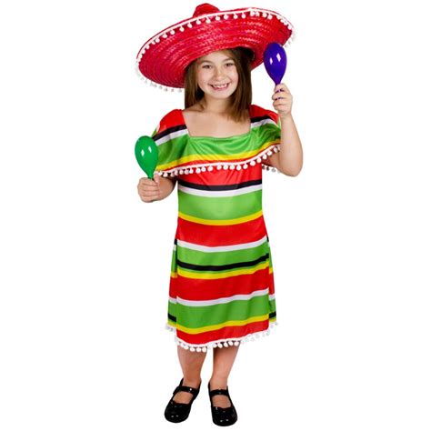 Girls Multicolour Mexican Dress With Pom Pom Edging