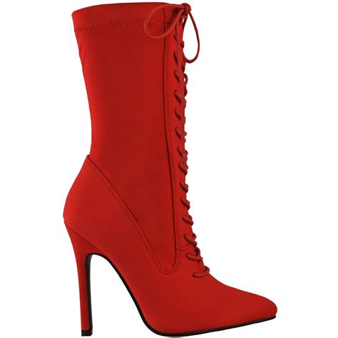 Womens Ladies Red Lace Up Ankle High Boots Pointed Stilettos High Heels