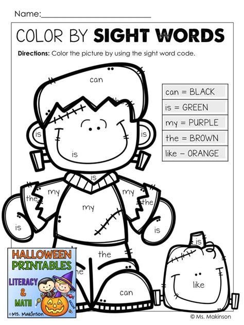 color  sight words halloween printables learning games  kids