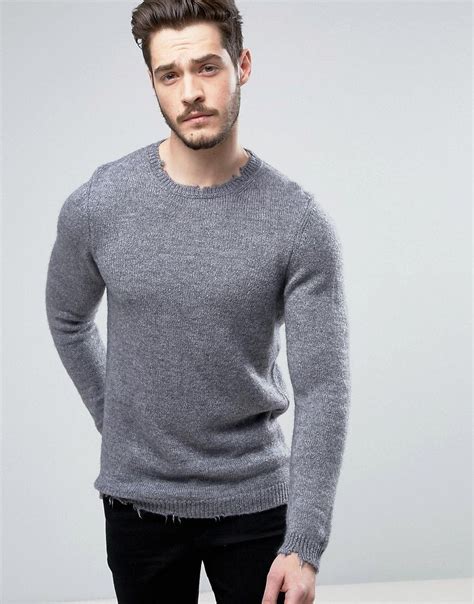asos longline sweater  distressed detail  wool mix gray longline sweater asos