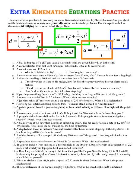 spice  lyfe physics kinematic equations worksheet answers