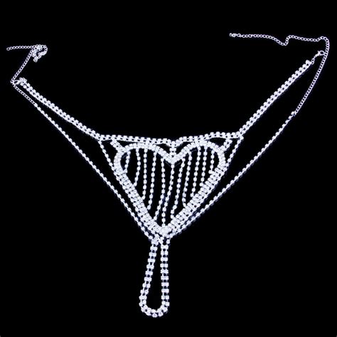 stonefans new heart crystal underwear sexy belt body chain jeweled