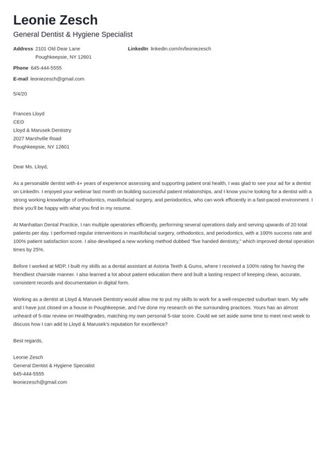 dentist cover letter examples writing guide