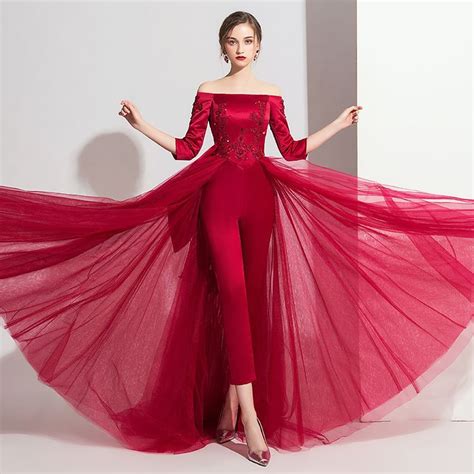 modern fashion burgundy satin jumpsuit    shoulder  sleeve appliques lace beading