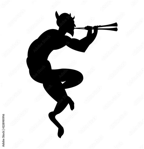 ancient greek god pan playing  flute  dancing black silhouette