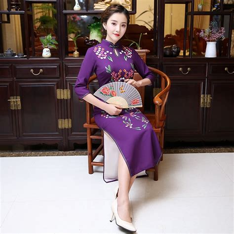 2018 modern cheomgsam purple long qipao dresses chinese traditional