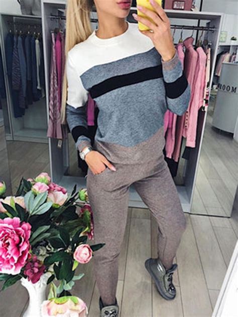 Autumn Winter Women Stripe Splicing Hit Color Knitted Sweater Pullovers