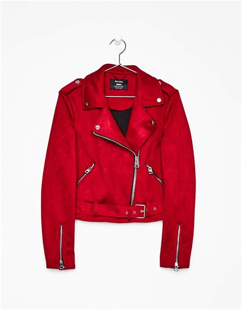 bershka woman leather effect biker jacket red cloank