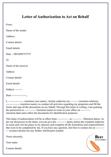 letter  authorization  act  behalf   letter template
