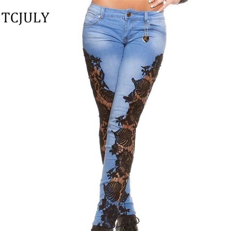 tcjuly fashion black lace spliced skinny jeans women sexy jeans pants