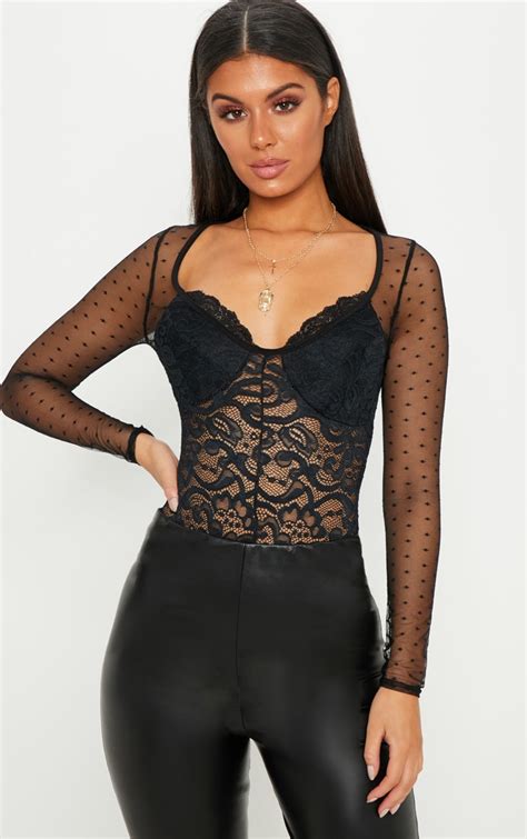 black long sleeve lace mesh bodysuit tops prettylittlething