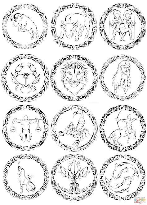 zodiac signs  curvy tribal coloring page  printable coloring pages