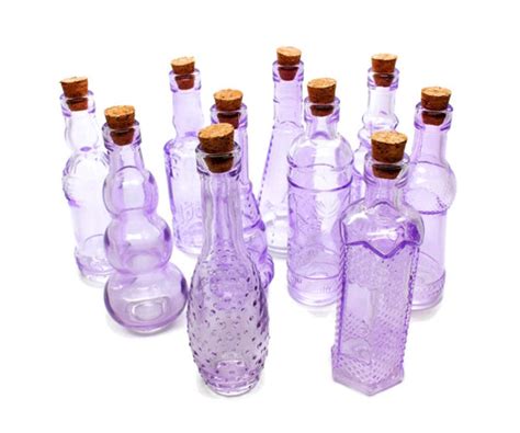 Purple Vintage Glass Bottles With Corks Assorted Set Of 10