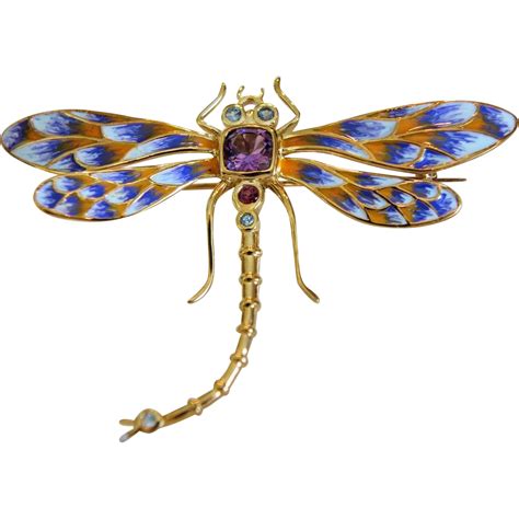 vintage enamel dragon fly brooch pendant with amethysts and blue from akaham on ruby lane