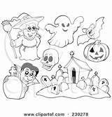 Coloring Halloween Witch Ghost Collage Bat Pumpkin Cemetery Skull Outlines Illustration Vampire Pages Clipart Digital Royalty Visekart Print Rf Vector sketch template