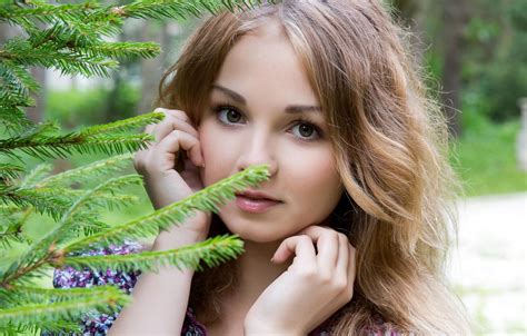 wallpaper look girl branches face sweetheart model hair spruce hands beauty the beauty