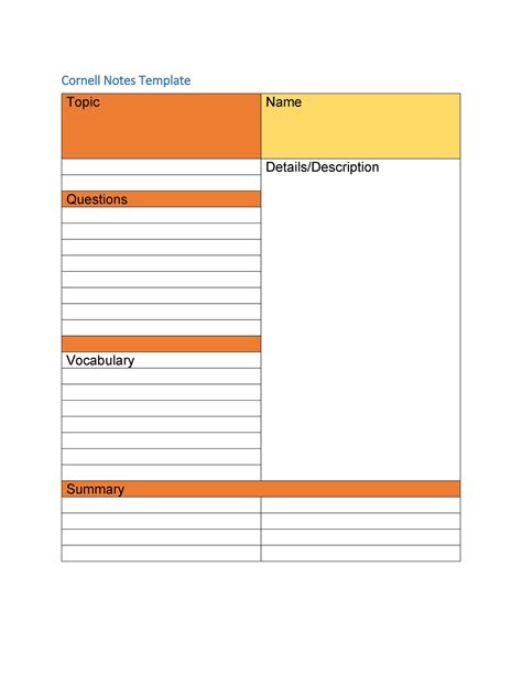 cornell notes templates examples word excel