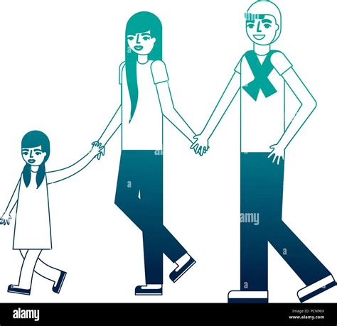 Dad Mom And Daughter Holding Hands Walking Vector Illustration Neon