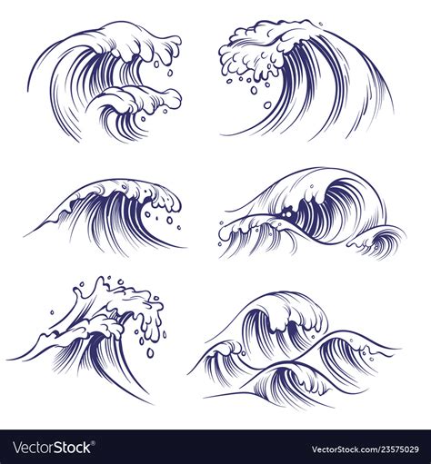 sketch wave ocean sea waves splash hand drawn vector image