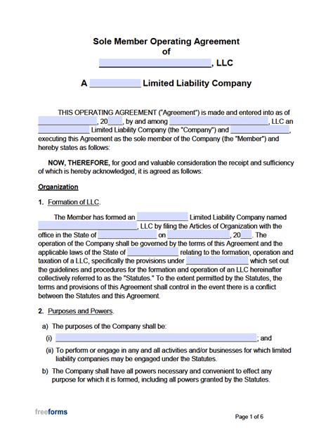 single member llc operating agreement template  printable templates