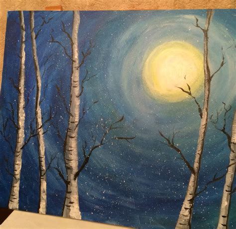 acrylic painting  birch trees   moon