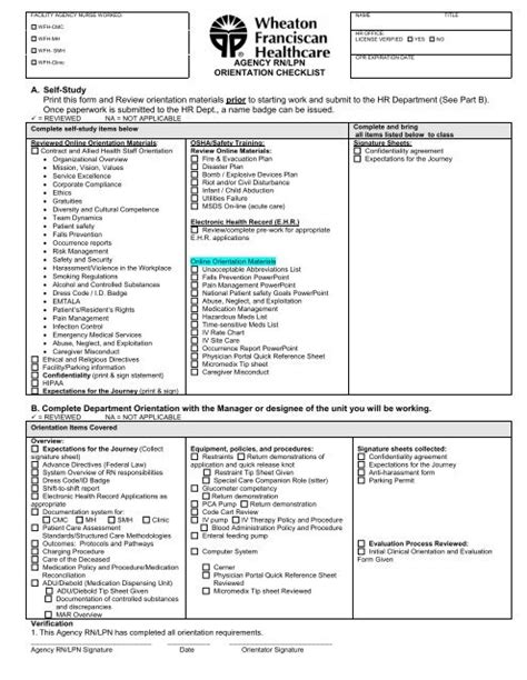nursing orientation checklist wheaton franciscan healthcare