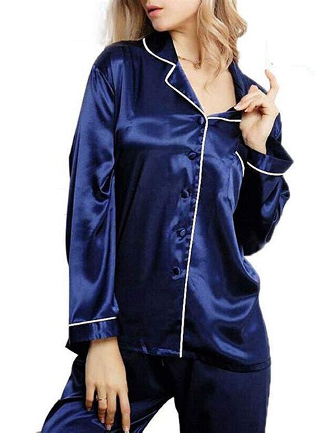 women ladies long sleeve silk 2pcs set satin thin pajamas suits summer