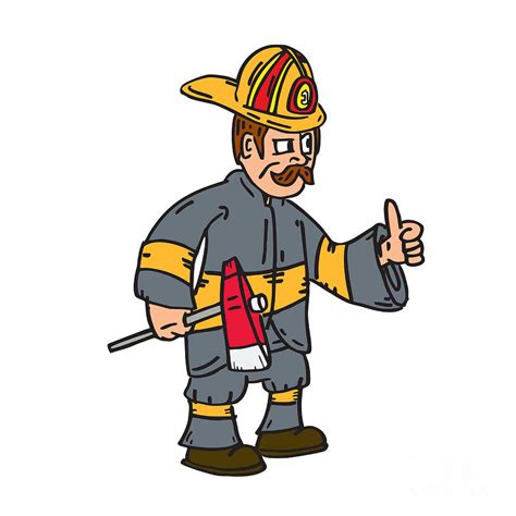 Fireman Firefighter Axe Thumbs Up Cartoon Digital Art By