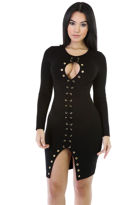 Sexy Bodycon Slit Dress Open Front Rivets Full Sleeve O