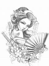 Geisha Tattoo Coloring Drawing Asian Girl Tattoos Adults Pages Japanese Sketch Kleuren Voor Volwassenen Samurai Drawings Chinese Women ลาย Paintingvalley sketch template