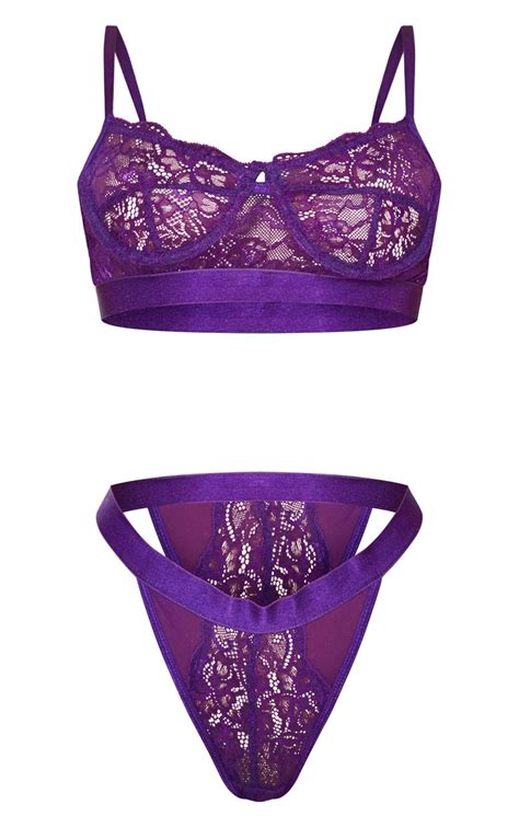purple delicate lace bra panties set prettylittlething usa