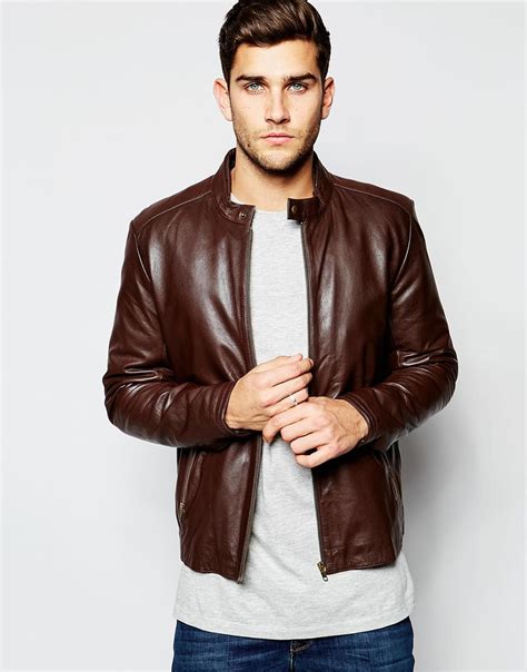 lyst asos leather racing biker jacket  brown  brown  men