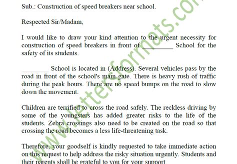 sample request letter  speed breakers  front  school