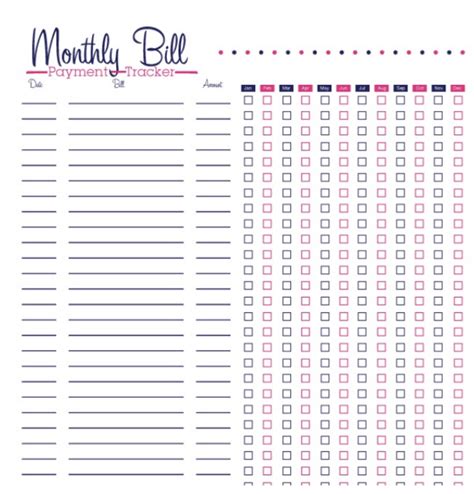 printable bill tracker manage  monthly expenses