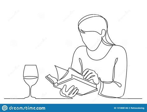 Continuous Line Drawing Of Woman Drinking Wine And Reading