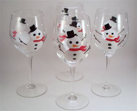 Holiday Snowman Hand Painted Wine Glasses Set Of 4 Made
