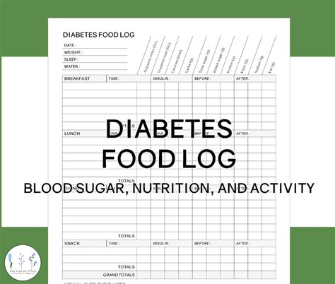 diabetes food log printable blood sugar nutrition  activity etsy