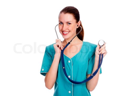 Smiling Medical Doctor Woman With Stethoscope Isolated Over A White