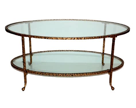 Antique Gold Hammered Iron Oval Coffee Table With Glass