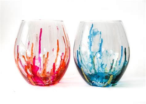 Stemless Wine Glasses Rainbow Hand Painted Alcohol Inks