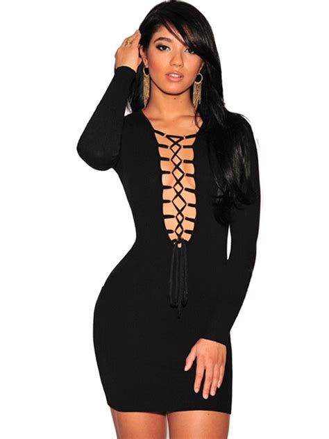 front lace up plunge deep v neck sexy black summer club mini dress