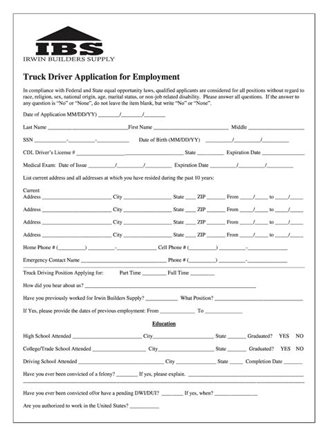 printable truck driver application form printable forms