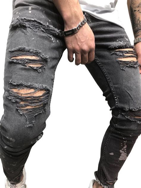 Black Ripped Distressed Jeans Men High Street Slim Fit Mens Hipster