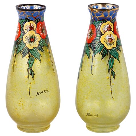 pair  french art deco enameled glass vases  becken  richie   stdibs