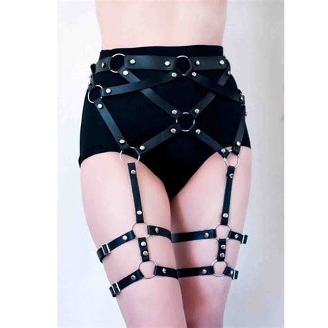 sexy women pu leather body harness caged waist belts with garter belt