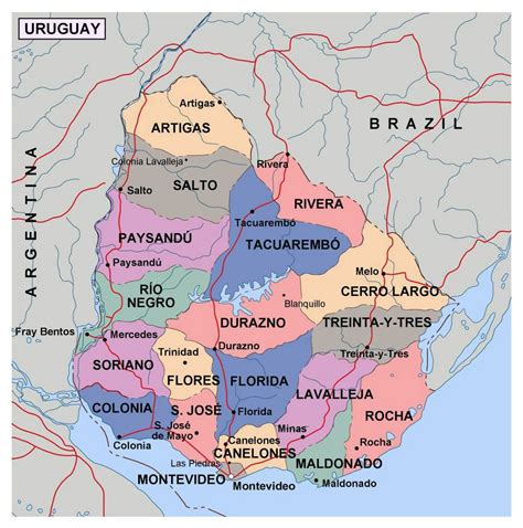 large political and administrative map of uruguay uruguay south