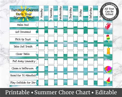 summer chore chart kids chore charts chore list  kids etsy