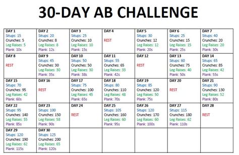 30 day ab challenge calendar same 4 exercises each day with