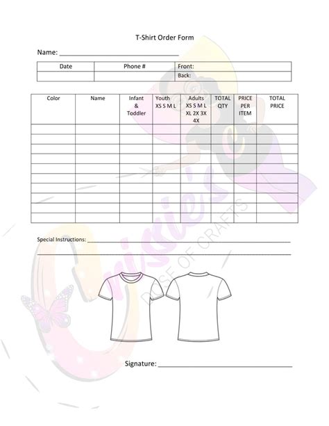 shirt order form template  printable etsy